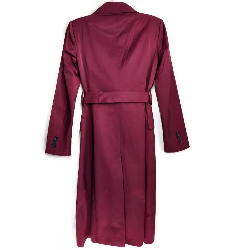 Avec Les Filles Dark Burgundy Stretch Cotton Blend Belted Longline Trench Coat - Picture 3 of 12